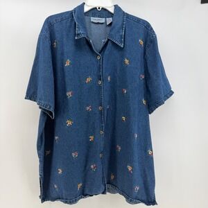 Jane Ashley Button Down Women 3X Blue Floral Embroidered Denim Cottagecore Shirt